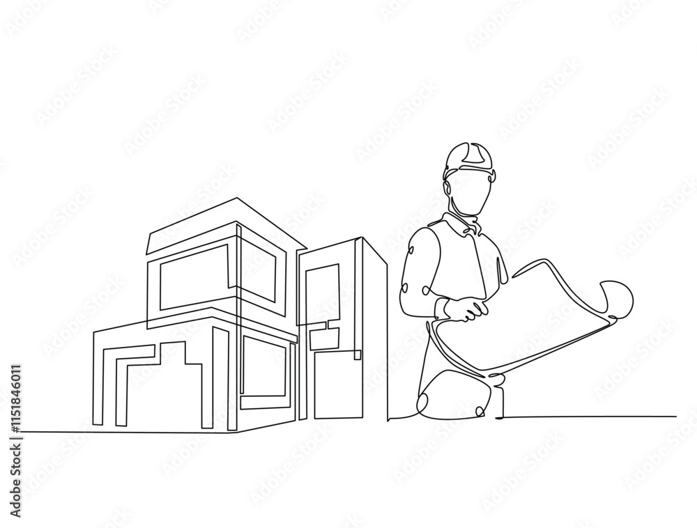Aufkleber continuous one line drawing of architect with blueprint paper and modern house real estate. building