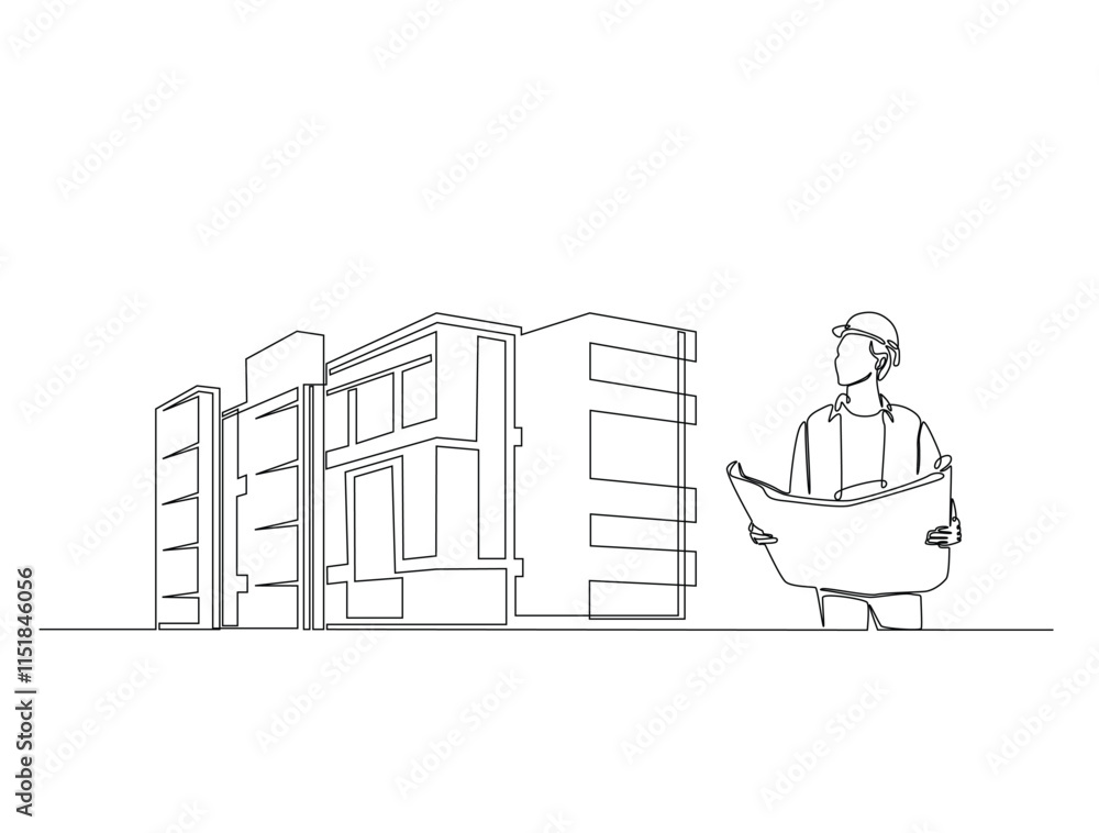 Poster continuous one line drawing of architect with blueprint paper and modern house real estate. building