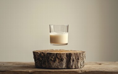 A small glass of goat milk levitating mid-air with a rustic wooden background, on a soft white background