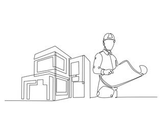 Continuous one line drawing of architect with blueprint paper and modern house real estate. Building and contractor, engineer, worker concept. Editable line vector.