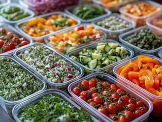 Obraz premium Close-up of healthy vegetarian food in containers. Lots of vegetables, fruits, herbs, dishes on the table. Conveys the concept of balanced nutrition