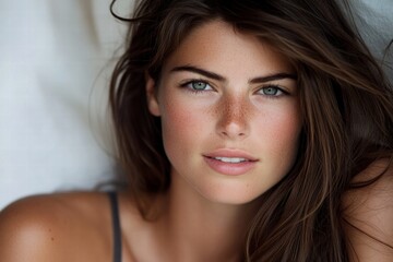 Obraz premium Portrait of a Young Woman with Freckles and Long Brown Hair
