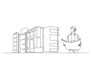 Continuous one line drawing of architect with blueprint paper and modern house real estate. Building and contractor, engineer, worker concept. Editable line vector.