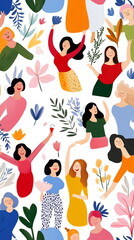 Joyful Women Day card, a collage of diverse women illustrations in vibrant colors, celebratory background banner