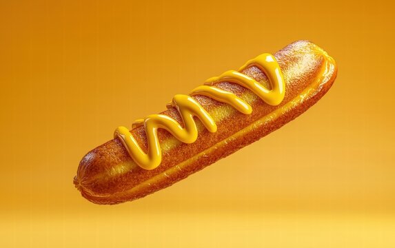 A vibrant corn dog floating mid-air with mustard drizzle, on a pastel orange background