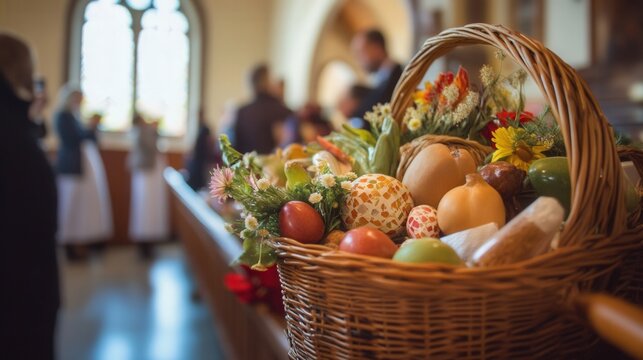 Polish Easter Basket Blessing: A wicker basket filled with traditional Easter foods being blessed in a Polish church