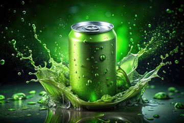 Low-light photography captures a juicy splash, highlighting a realistic green soda can mockup.