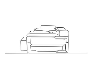 Continuous one line drawing of multifunction inkjet printer. Office printing device in single line draw vector illustration. Editable line vector.