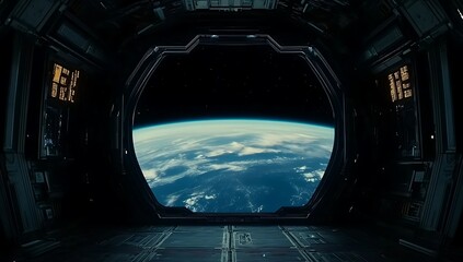 Spaceship interior with Earth view from a large window.