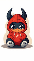 Cute Devil Mascot in Red Hoodie, Sitting, Cartoon Style,  White Background, Logo Design.