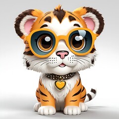Fototapeta premium A cute and adorable cartoon tiger cub with large eyes, a small nose, and a friendly expression isolated