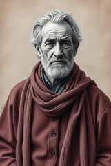 Obraz premium Colorful old man with a scarf in a cozy sweater against a beige background