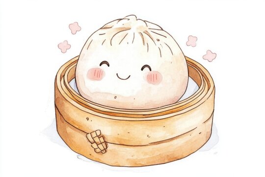 A cute dumpling character smiling in a bamboo steamer, perfect for food illustrations or culinary content.