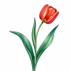 Obraz premium Red Tulip Blossom: A delicate red tulip flower with green leaves, blooming in a vibrant spring celebration. 