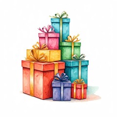 Fototapeta premium A Colorful Mountain of Gifts: A vibrant watercolor illustration of a stack of presents, each wrapped in bright, cheerful colors and tied with festive ribbons, perfect for celebrating any occasion.