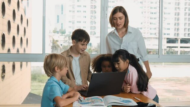 Cute african girl programing system while surround with caucasian teacher and diverse friend. Professional instructor explain and teaching coding engineering prompt while student listening. Erudition.
