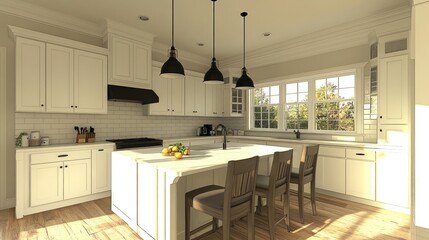 Fototapeta premium Bright Modern Kitchen With White Cabinets And Island