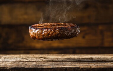 A tender beef patty levitating mid-air with visible grill marks, on a rustic brown background