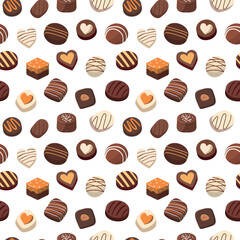 Sweet chocolate candies seamless pattern. Vector set of chocolate sweets and desserts. Isolated on white background.