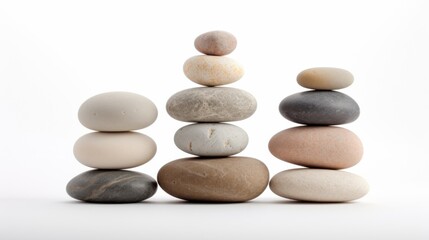 A soothing image of a stack of pebbles, showcasing their polished surfaces and organic patterns, perfectly highlighted against a pure white background