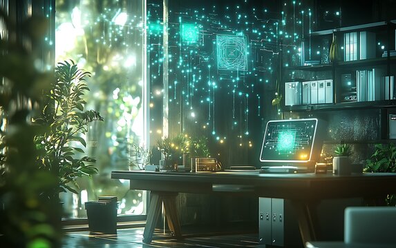 Modern home office with laptop displaying digital data and plants.