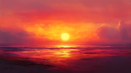 Fototapeta premium A vibrant sunset over a tranquil beach, with the sun dipping below the horizon and the sky painted in warm hues of orange and pink.
