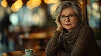 A sophisticated image of a mature woman with glasses, sitting at a table in a quiet cafe, her hand resting on her cheek as she reflects, with the cafe warm interior softly blurred behind