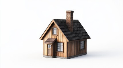 Realistic 3D model of a small, adorable house with a wooden exterior and a chimney, sitting on a white background that brings out the detailed features