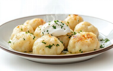 A plate of steaming potato dumplings with a dollop of sour cream, isolated on a bright white background