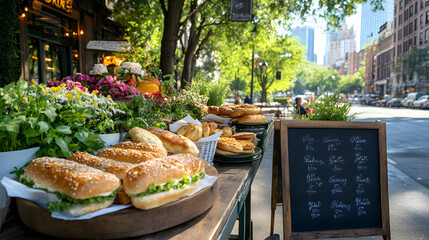 NYC Street Bakery Display Sandwiches, pastries, flowers, city backdrop, menu board; food blog, website.