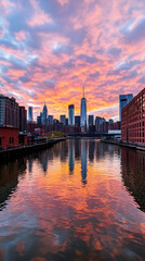 Naklejka premium NYC Sunrise Reflection Downtown Manhattan skyline mirrored in calm waters, vibrant sunrise colors, urban landscape, perfect for travel brochures.