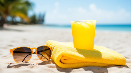 Yellow towel, sunglasses, and refreshing drink on a tropical beach