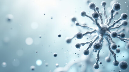 A magnified view of a Semaglutide molecule showcasing its atomic structure with surrounding water molecules, indicative of its molecular behavior and scientific composition.