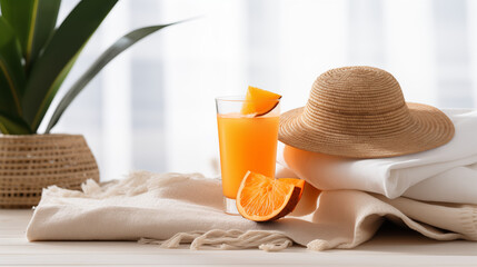 Straw hat, orange juice, and fresh orange slices on a light backdrop