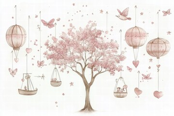 Whimsical Pink Watercolor Dreamscape with Hot Air Balloons, Tree, and Swings