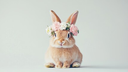 Obraz premium Cute rabbit in floral crown with pastel flowers, playful Easter spirit. Easter