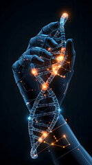 Robotic Hand Holding Glowing DNA Strand; Biotech Innovation Background; Science Concept.