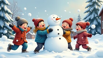 Children building a snowman in the snow, with snowball fights and laughter happening all around them