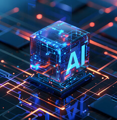 A glowing blue cube, pulsating with energy, reveals the intricate circuitry and data streams within, symbolizing the inner workings of artificial intelligence