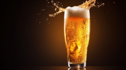 A tall glass of golden beer with frothy foam splashing over the rim, the vibrant amber liquid glistening under soft light, isolated on a transparent background