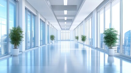 Modern Office Corridor with City Views