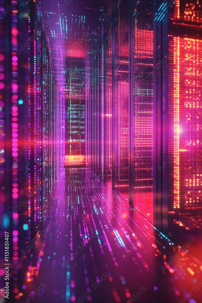 Poster digital data environment filled with vibrant server space and neon lights. generative ai