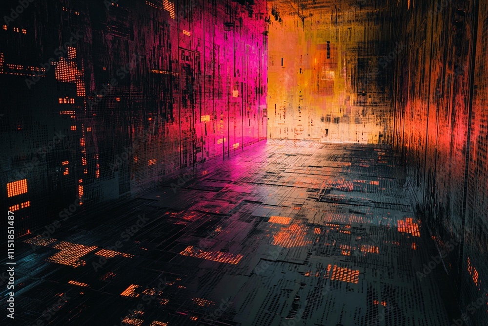 Poster digital server space illuminated by vibrant data patterns and colors. generative ai