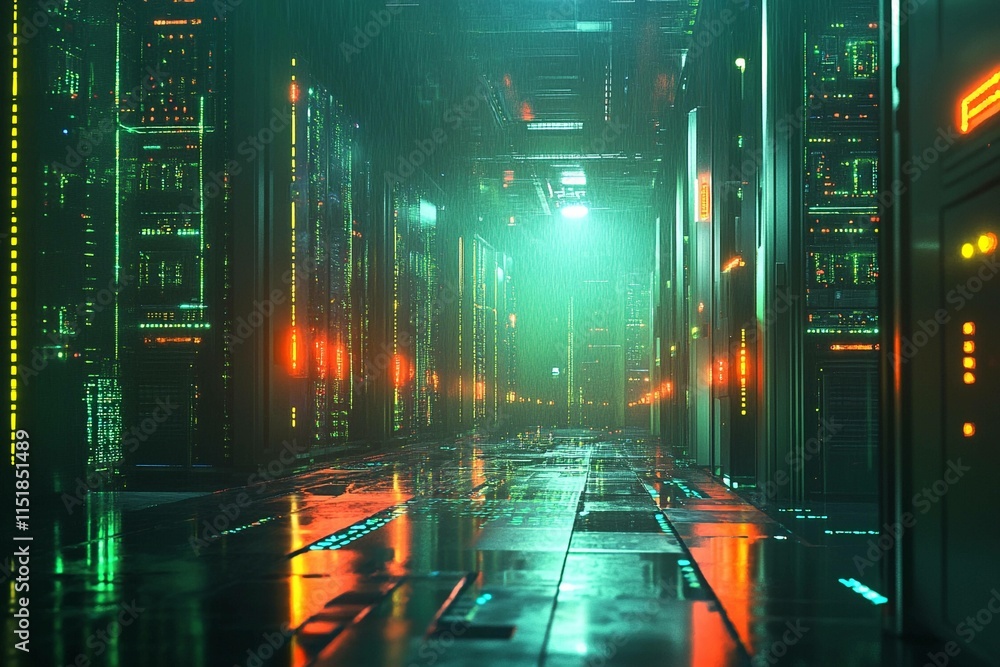 Poster a large server space filled with glowing digital data and vibrant lights during a storm