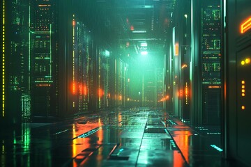 A large server space filled with glowing digital data and vibrant lights during a storm