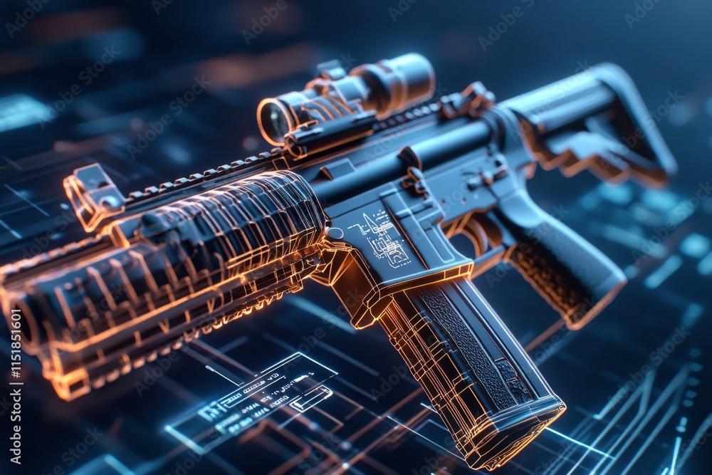 Poster a 3d-rendered image of a gun with customizable attachments displayed in a futuristic gun shop interf