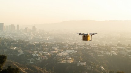 Drone Delivery Service Over Cityscape At Sunset
