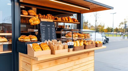 Street Food Kiosk Pastries, Sandwiches, City Park Background.
