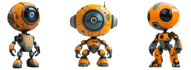 Three orange robots, futuristic design, large camera eyes, metallic bodies, showcasing technology, individuality in stance. Isolated on white background or PNG