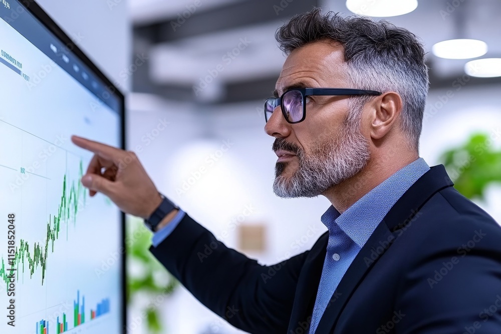 Poster a businessman pointing to a large screen showing a sales graph in a corporate meeting room filled wi